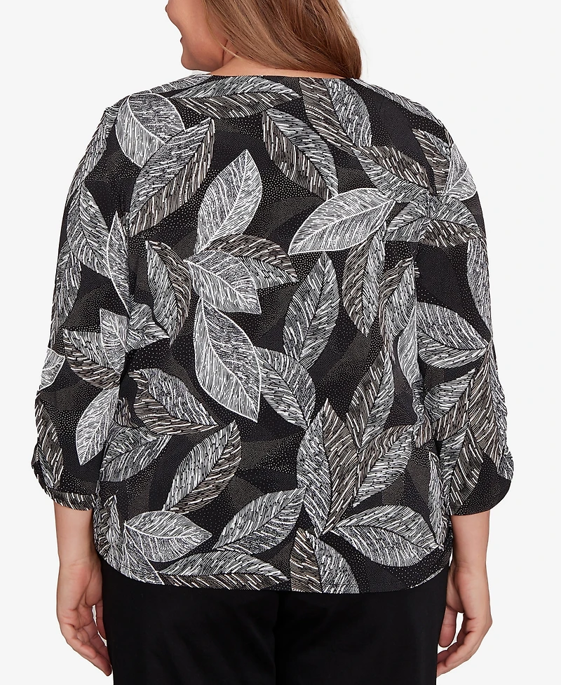 Alfred Dunner Plus Classic Puff Print Leaf Keyhole Neck Top
