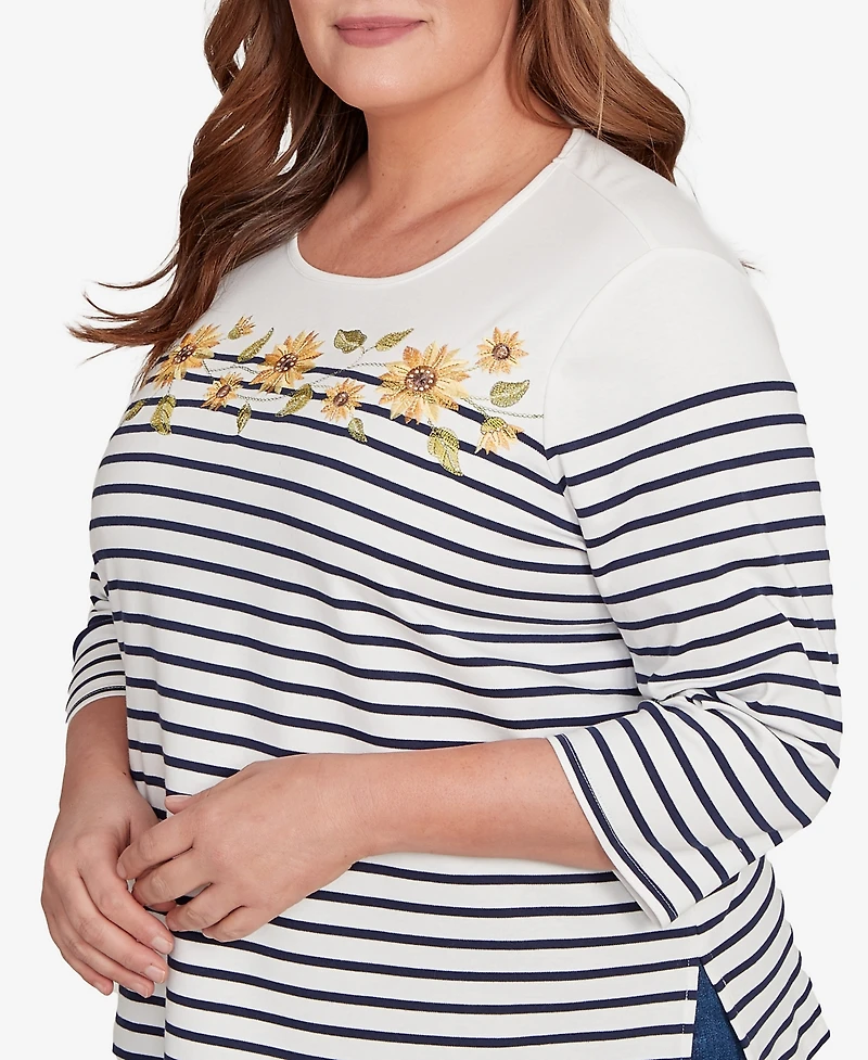 Alfred Dunner Plus Classic Sunflower Neckline Striped Top