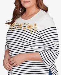 Alfred Dunner Plus Classic Sunflower Neckline Striped Top
