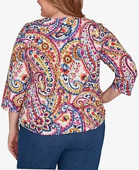 Alfred Dunner Plus Paisley Three Quarter Sleeve Top