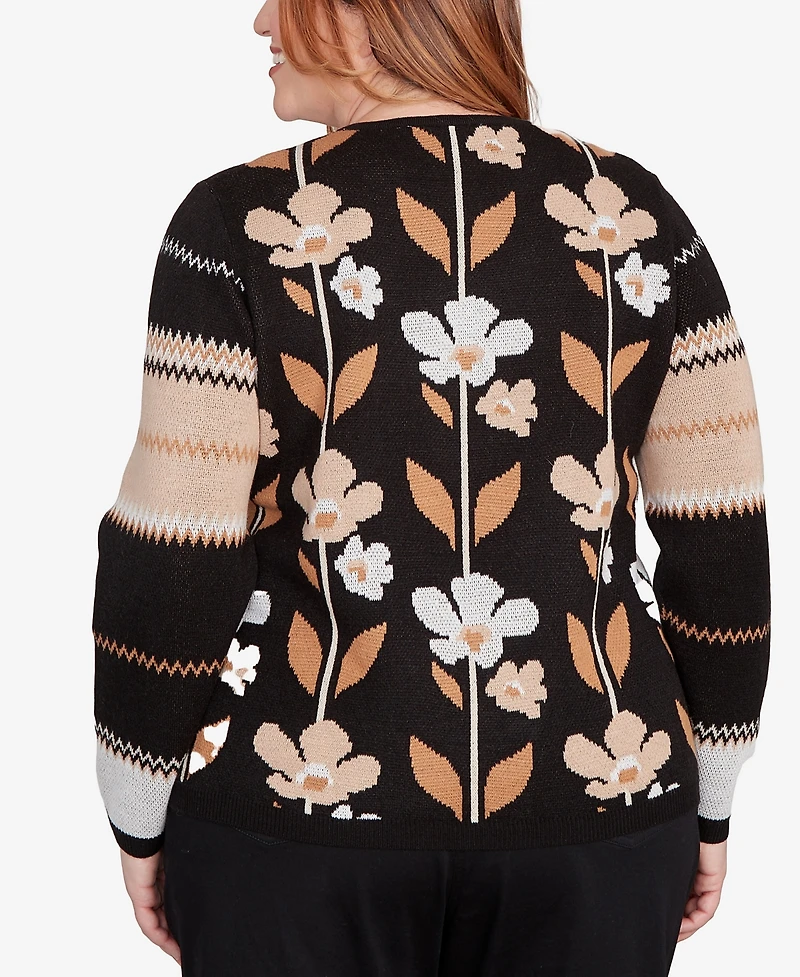 Alfred Dunner Plus Classic Vertical Flower Zig Zag Sweater