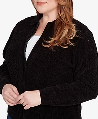 Alfred Dunner Plus Classic Zip-Front Chenille Collared Cardigan Sweater