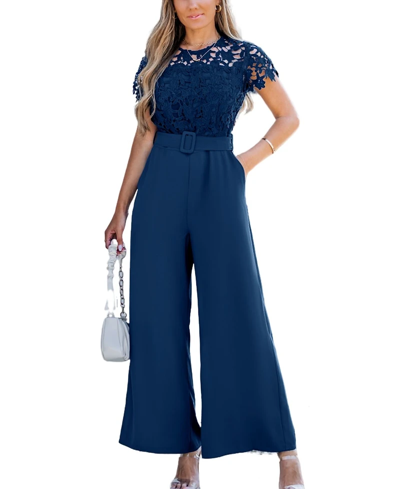Cupshe Women's Lace Short Sleeve Belted Jumpsuit