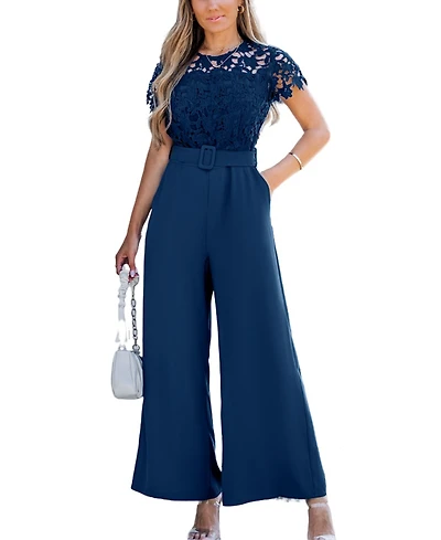 Cupshe Women's Lace Short Sleeve Belted Jumpsuit