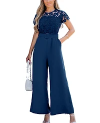 Cupshe Women's Lace Short Sleeve Belted Jumpsuit
