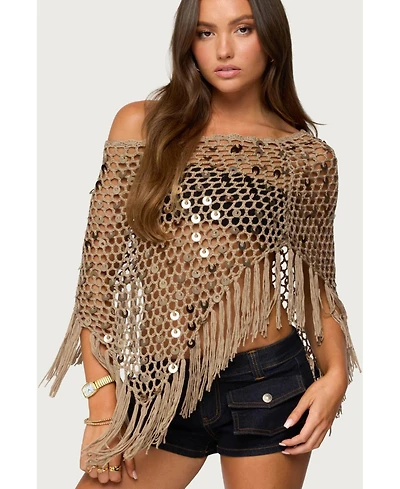 Edikted Women's Fringe Sequin Crochet Poncho