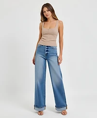 Modenaire Women's Wide-Leg Button-Fly Cuffed Patch Pocket Jeans