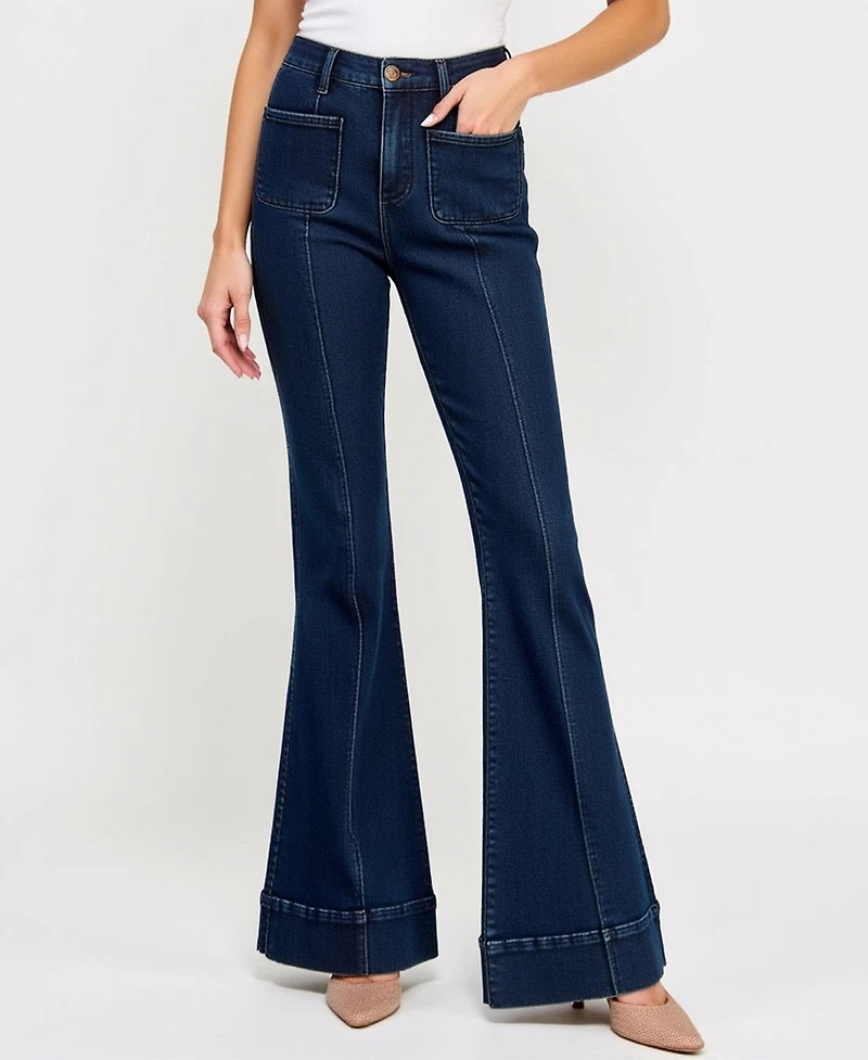 Modenaire Women's High Waist Flare Cuffed Hem Patch Pocket Jeans