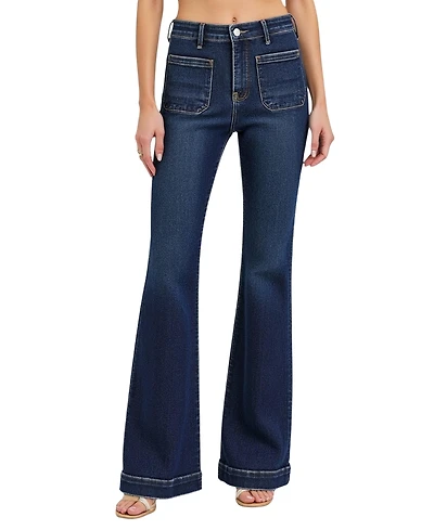 Modenaire Women's High Waist Flare Front Patch Pocket Jeans