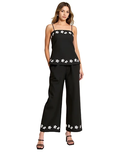 Modenaire Women's Embroidered Floral Hem Camisole and Wide-Leg Pant Set