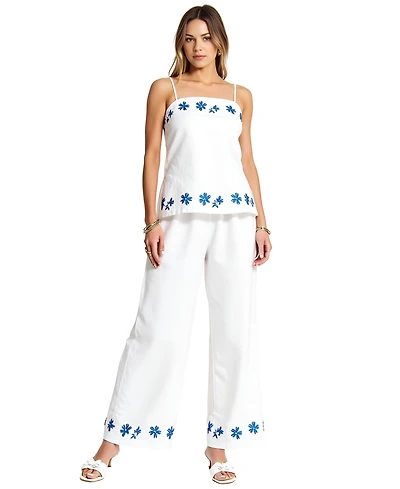Modenaire Women's Embroidered Floral Hem Camisole and Wide-Leg Pant Set