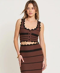 Modenaire Women's Scallop Trim Crochet Striped Knit Crop Top and Maxi Skirt Set