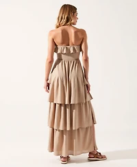 Modenaire Women's Strapless Tiered Ruffle High Slit Maxi Dress