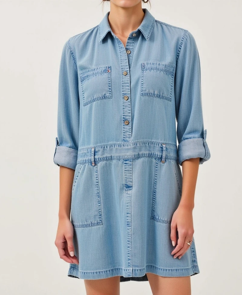 Modenaire Women's Button-Front Denim Mini Dress with Pockets