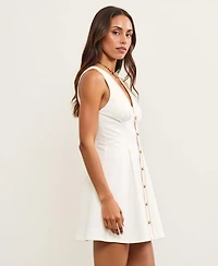 Modenaire Women's V-Neck Sleeveless Button-Front Contrast Trim Mini Dress