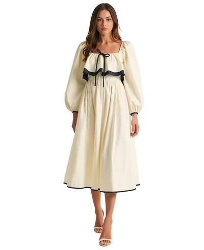 Modenaire Women's Long Sleeve Ruffle Trim Tie Front Midi Dress