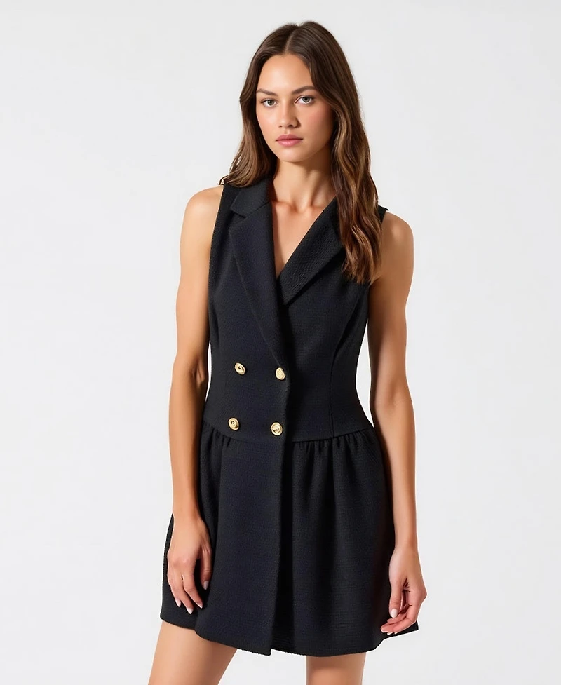 Modenaire Women's Sleeveless Double-Breasted Boucle Tweed Flared Hem Dress