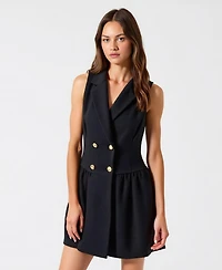 Modenaire Women's Sleeveless Double-Breasted Boucle Tweed Flared Hem Dress