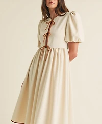 Modenaire Women's Puff Sleeve Contrast Tie Midi Dress