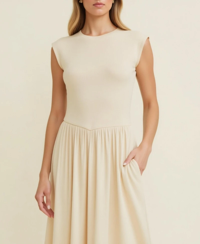Modenaire Women's Cap Sleeve Knit Bodice Midi Dress with Pockets