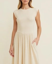 Modenaire Women's Cap Sleeve Knit Bodice Midi Dress with Pockets