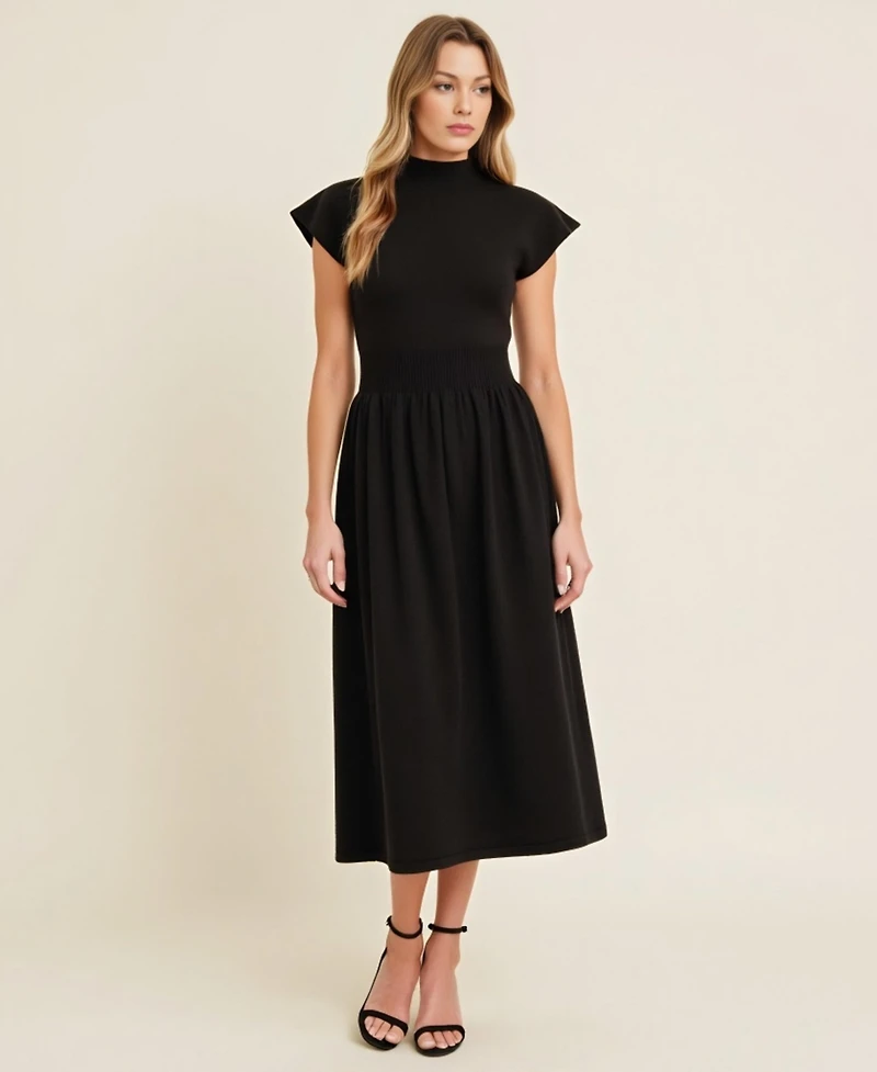 Modenaire Women's Scallop Edge Mock Neck Sleeveless Knit Midi Dress
