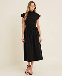 Modenaire Women's Scallop Edge Mock Neck Sleeveless Knit Midi Dress