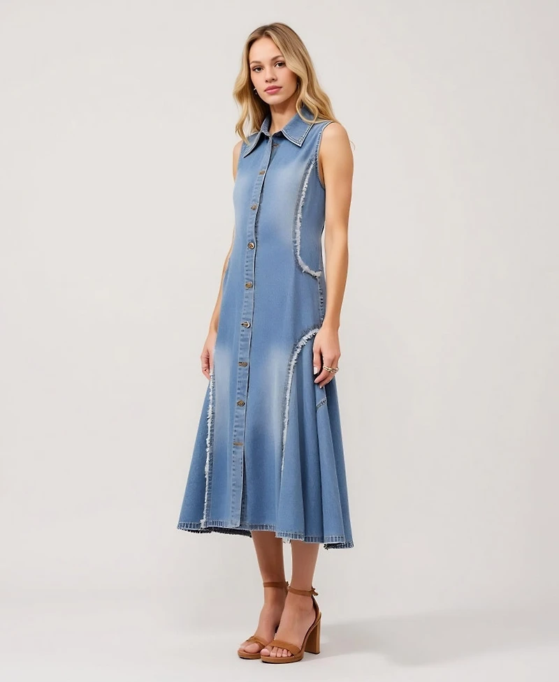 Modenaire Women's Sleeveless Frayed Seams Button Front Midi Dress