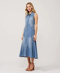 Modenaire Women's Sleeveless Frayed Seams Button Front Midi Dress