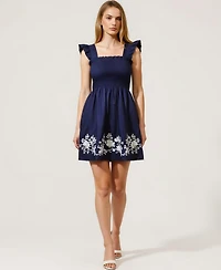 Modenaire Women's Smocked Ruffle Strap Floral Embroidery Mini Dress
