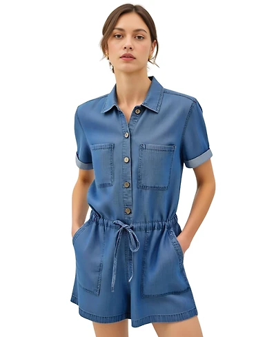 Modenaire Women's Utility Button-Up Drawstring Waist Romper