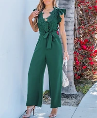Cupshe Women's Lace Ruffle Sleeve V-Neck Jumpsuit