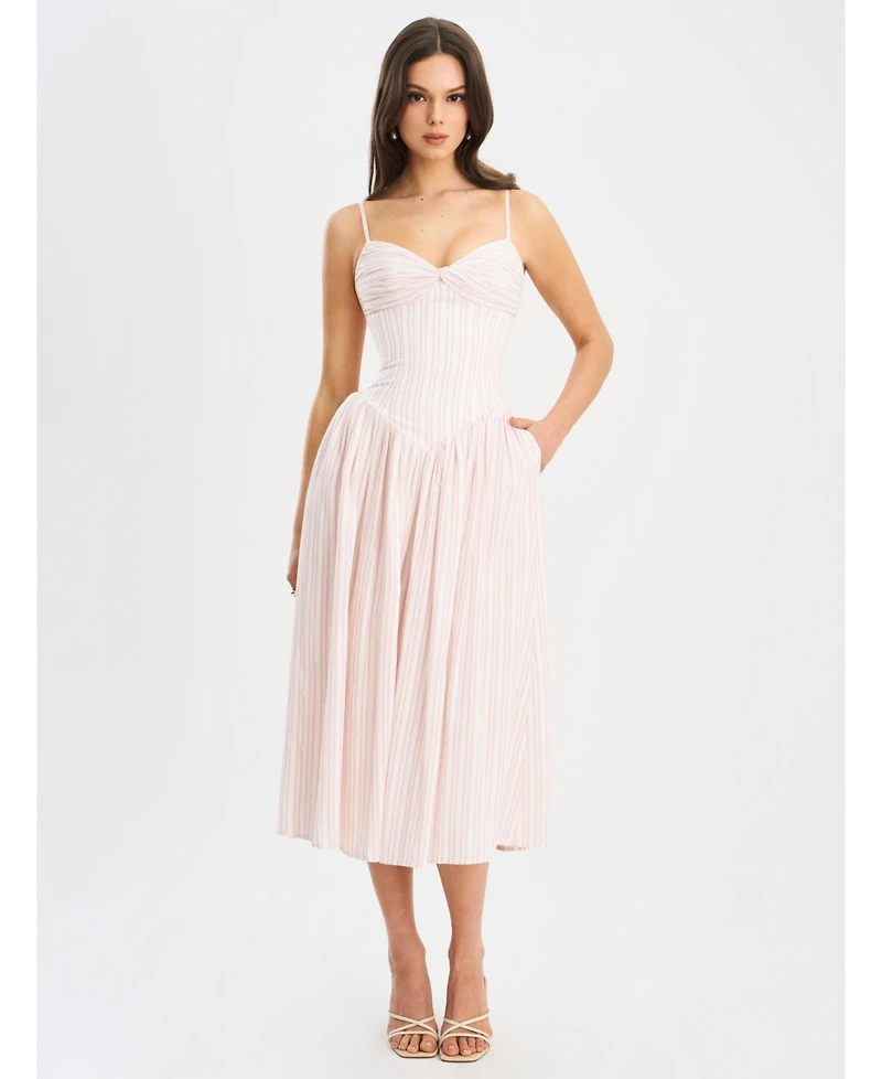 Miss Circle Women's Zania Pink Stripe Ruched Breast Cotton Jacquard Midi Dress