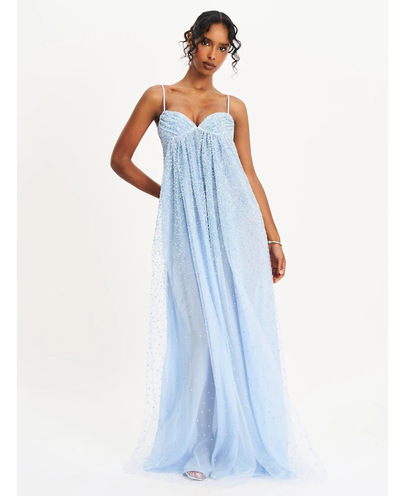 Miss Circle Women's Wallie Baby Blue Rhinestone Embellished Mesh Backless Gown