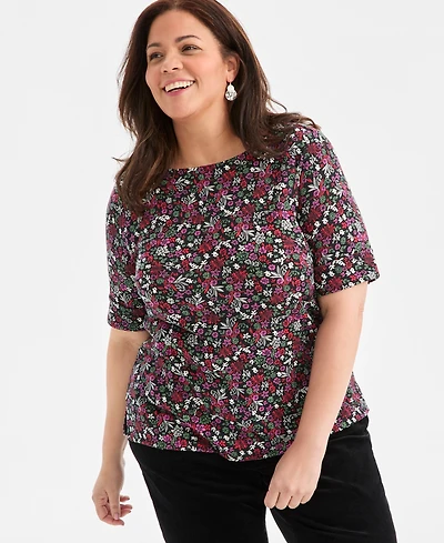 Style & Co Plus Printed Elbow-Sleeve Top, Macy's Exclusive