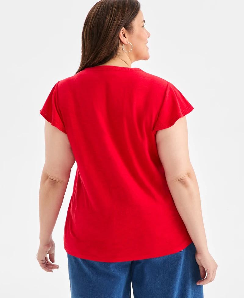 Style & Co Plus Size Embroidered Flutter-Sleeve Knit Top, Macy's Exclusive