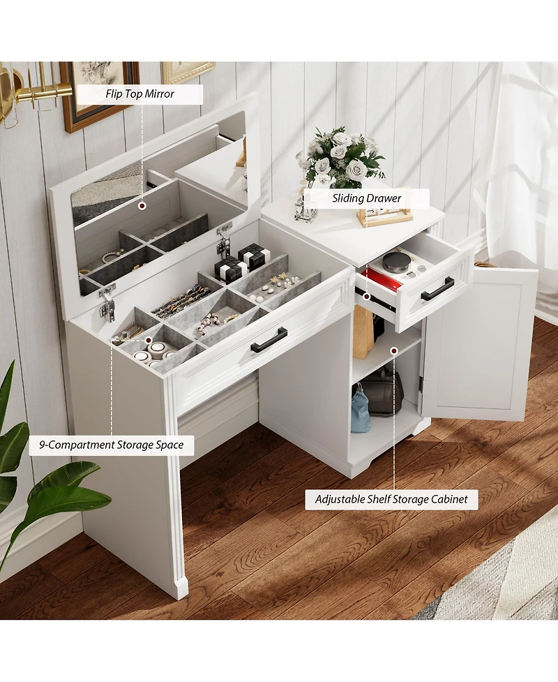 Vlsrka Vanity desk with mirror and storage drawers.