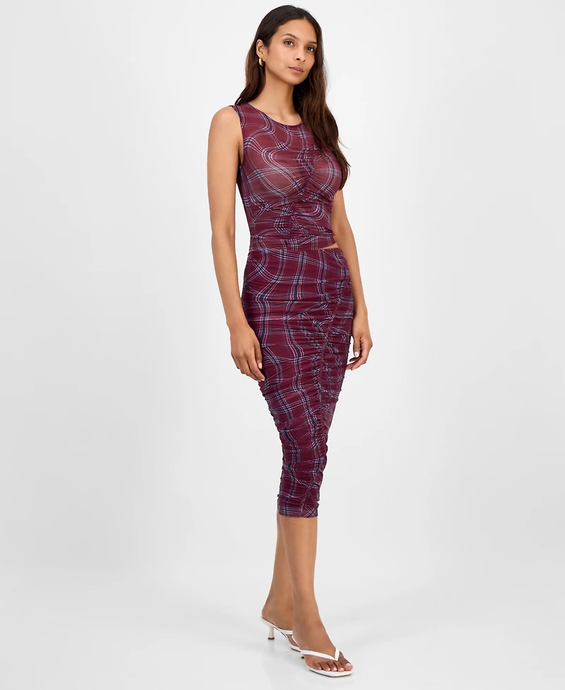 Bar Iii Women's Plaid Mesh Ruched Bodycon Midi Skirt, Macy's Exclusive