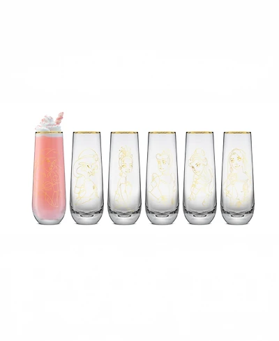 JoyJolt Princess Sketch Art Stemless Flute Glasses, Set of 6