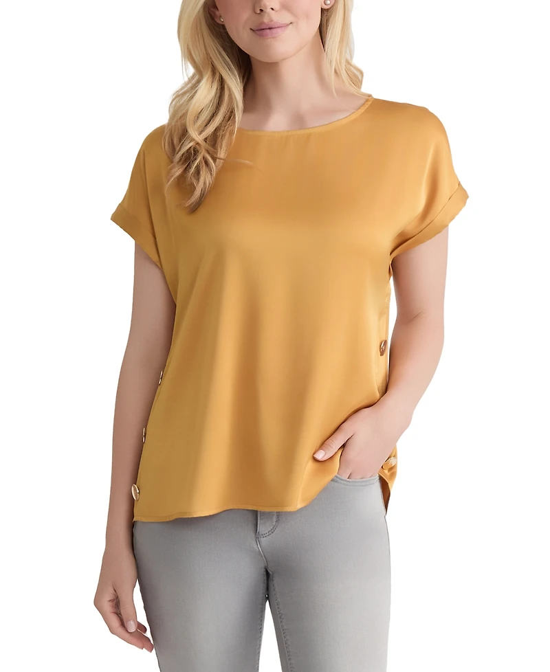 Jones New York Petite Hammered Satin Button-Trim Blouse