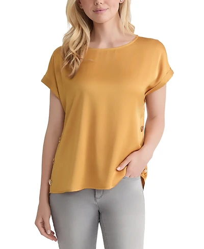 Jones New York Petite Hammered Satin Button-Trim Blouse
