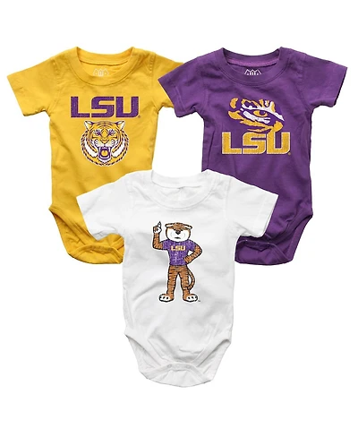 Wes & Willy Baby Boys and Girls 3-Pack Purple/White/Gold Lsu Tigers Bodysuit Set