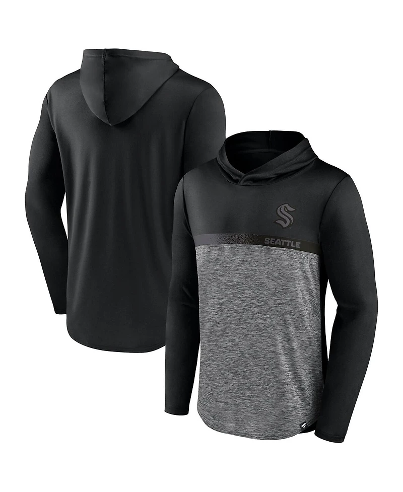 Fanatics Men's Black/Heather Charcoal Seattle Kraken Iconic Defender Pullover Hoodie