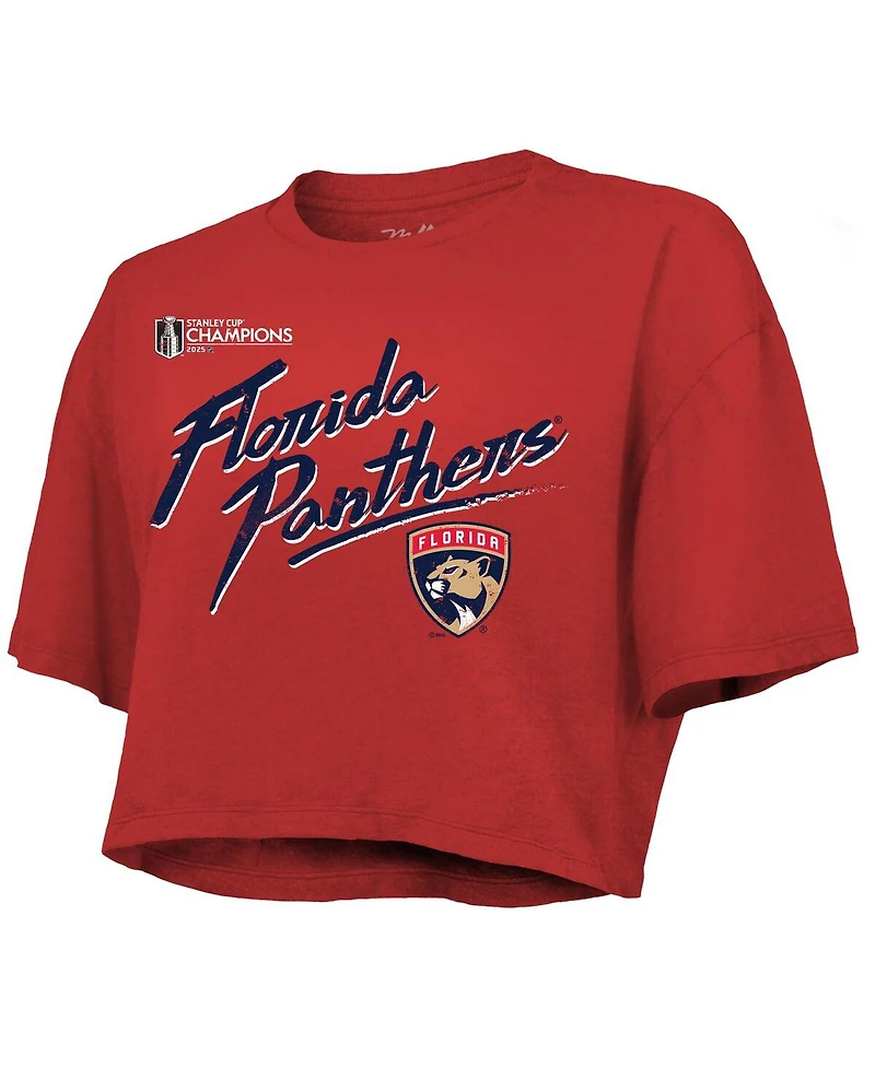 Majestic Women's Matthew Tkachuk Red Florida Panthers 2025 Stanley Cup Champions Name Number Boxy Cropped T-Shirt