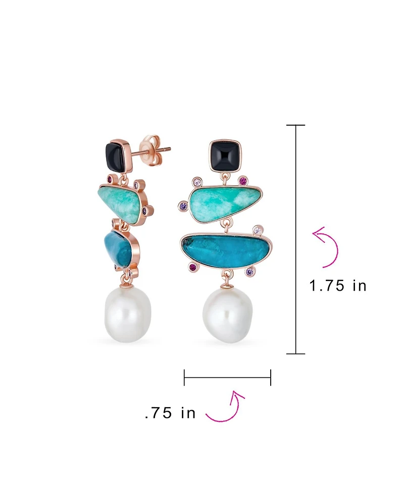 Bling Jewelry Boho Tri Tone Mixed Black White Blue Green Natural Apatite Modern Asymmetrical Abstract Off White Freshwater Cultured Baroque Pearl Dang