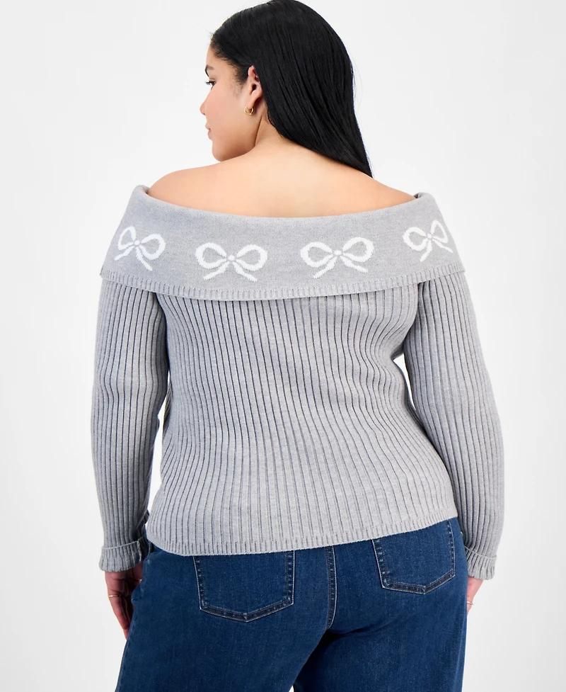 Madden Girl Trendy Plus Size Bow Off-The-Shoulder Sweater