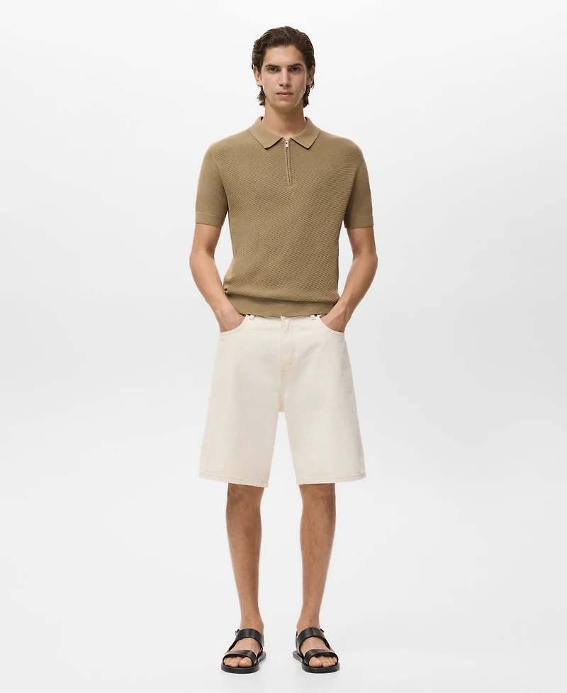 Mango Men's Zipper Openwork Knitted Polo Shirt