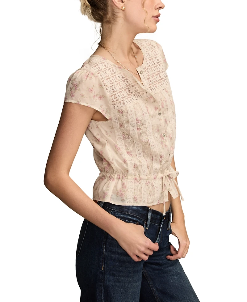 Lucky Brand Women's Round-Neck Button-Front Tie Cotton Top