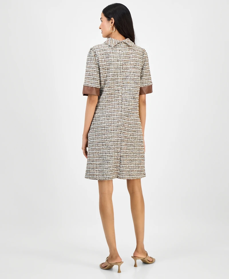 julia jordan Women's Faux-Leather-Trim Tweed Shift Dress