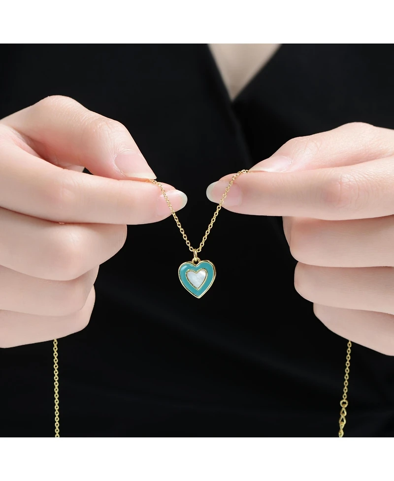 14K Gold-Plated with Mother-of-Pearl & Sky Blue Enamel Inlay Heart Pendant Necklace